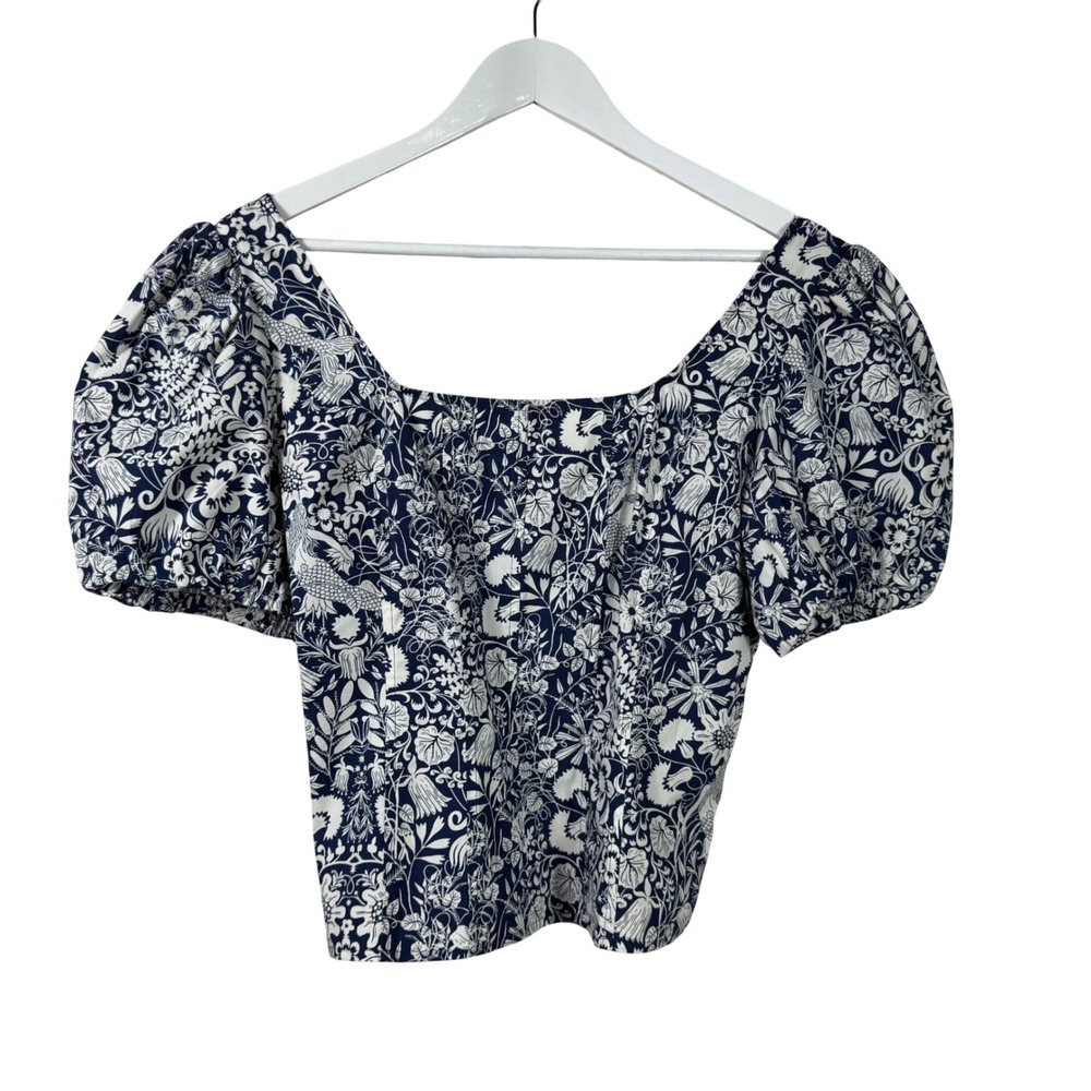 J.Crew Re-Imagined Navy White Floral Mermaid Puff Sleeve Corset Blouse Top 8